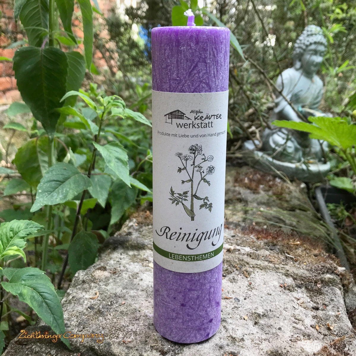 Ritualkerze Reinigung aus der Allgäuer Heilkräutermanufaktur, Farbe Lila. Auf einer Steinmauer zwischen grünen Blättern