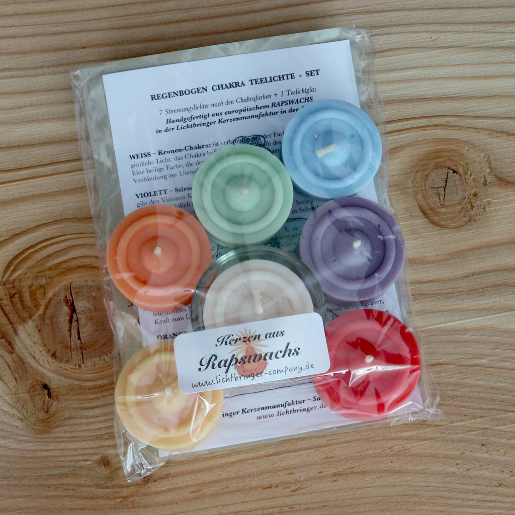 Regenbogen Chakra Teelichte Set, verpackt in Zellglasbeutel
