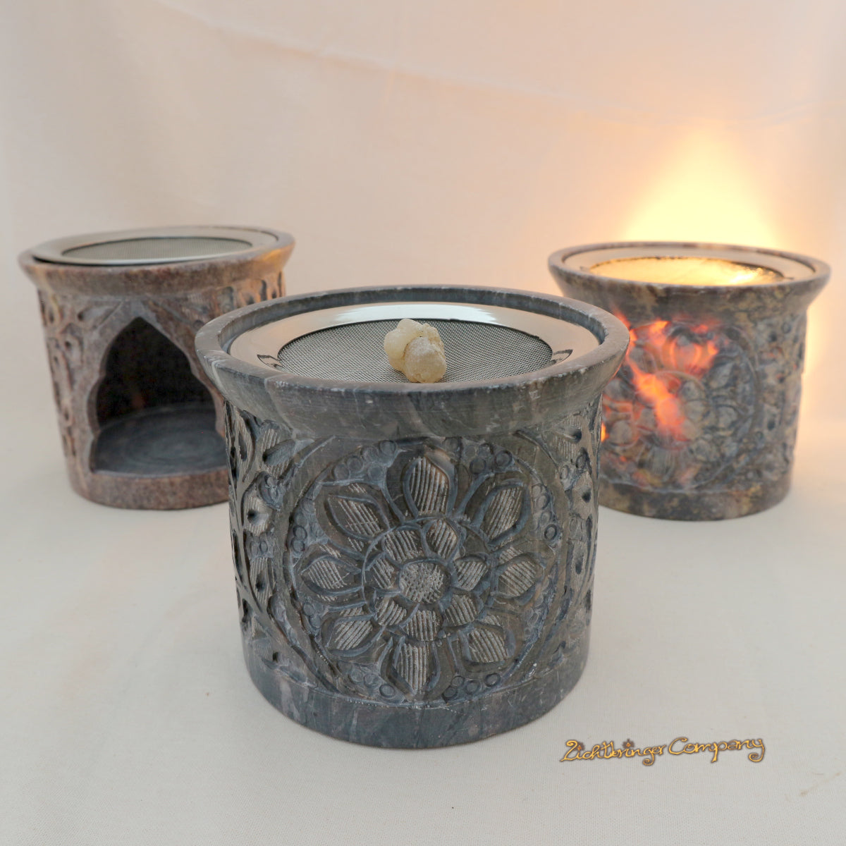 Räucherstövchen Mandala aus Speckstein in verschiedenen Ausführungen, natürlicher Speckstein