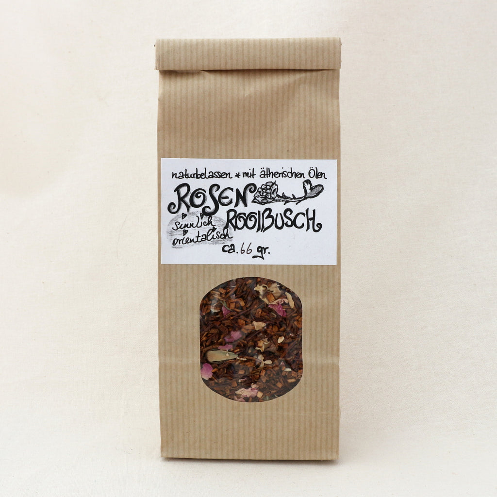 Rooibusch Rose Teemischung mit Rosenblüten und Vanille im Blockbodenbeutel
